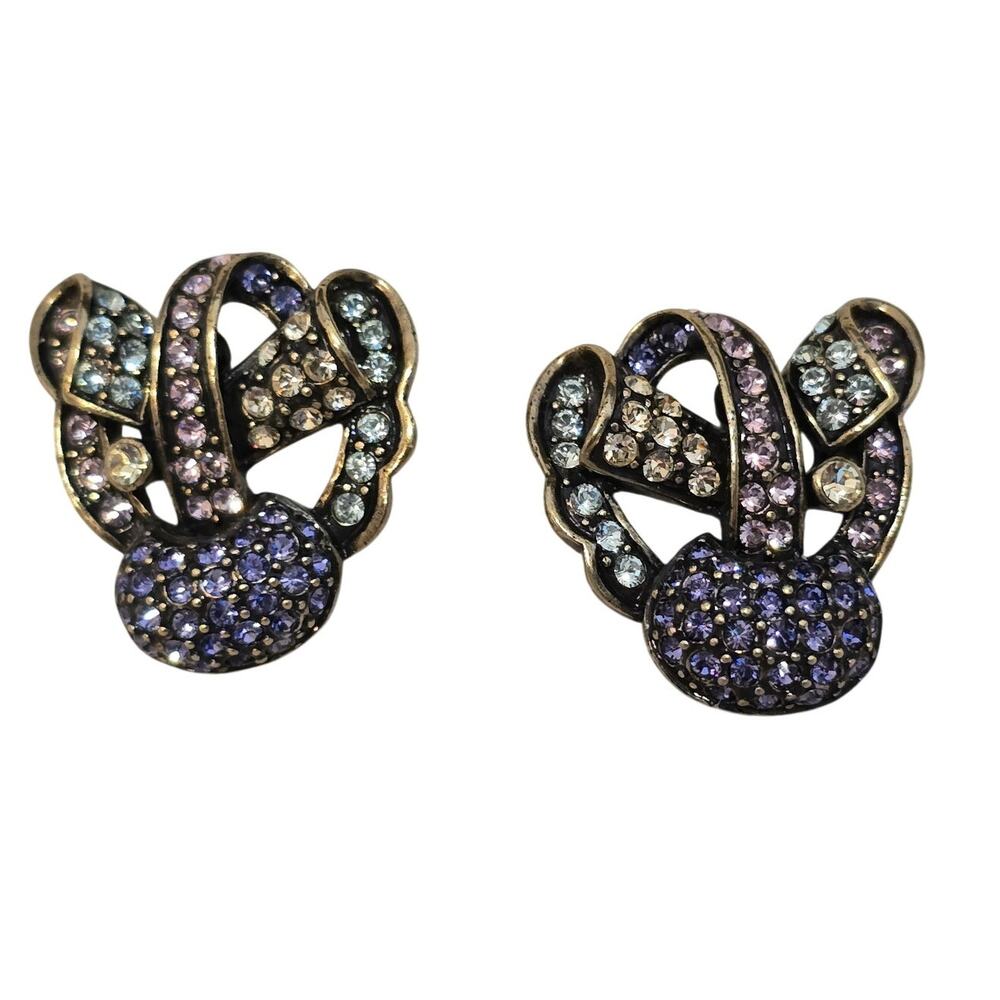Vintage heidi daus signed gold tone rhinestone ribbon clip on earrings